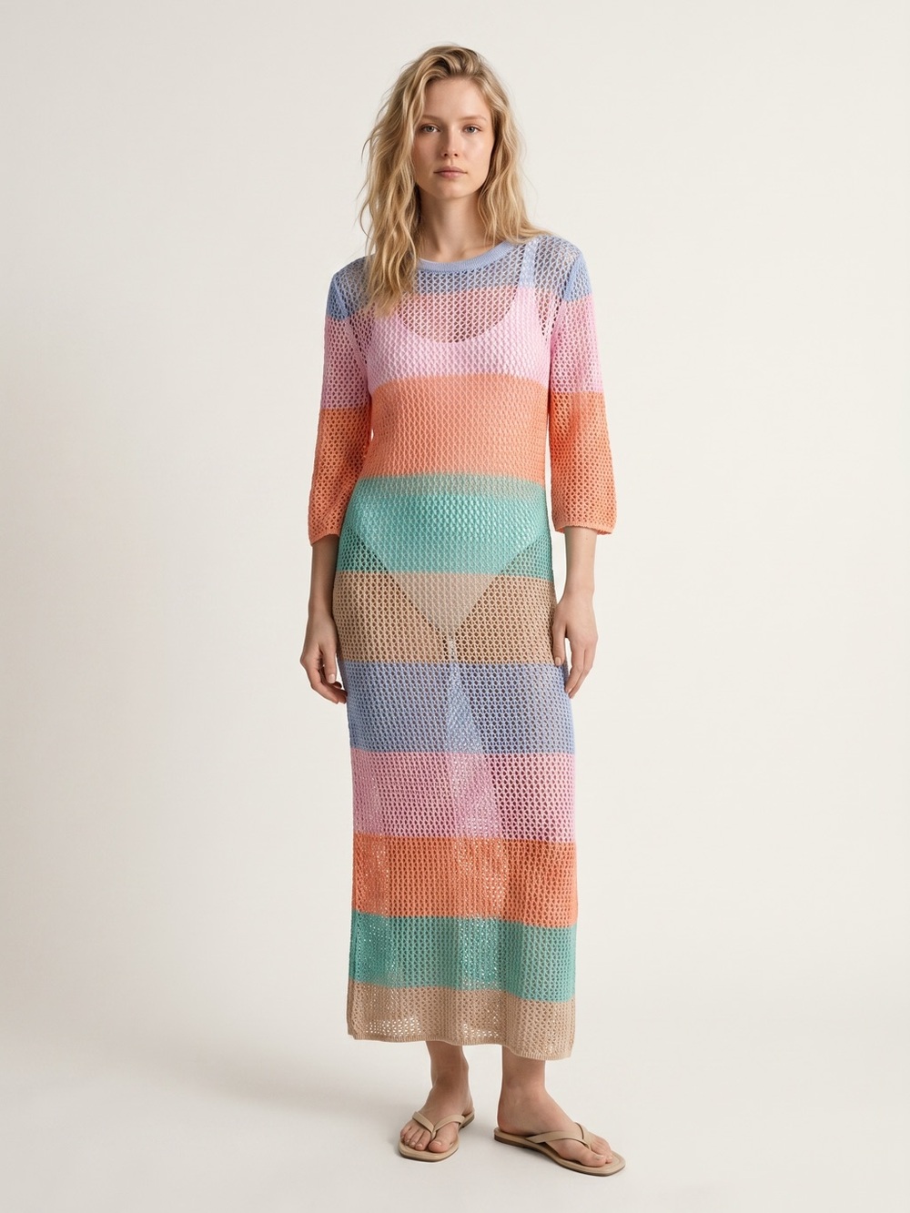 NWT Pitusa Crochet Mesh Maxi Cover Up Dress Pastel Rainbow Resort Beach One Size